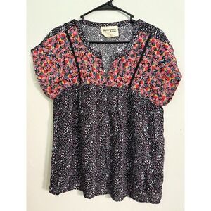 Savanna Jane Boho Chic Rayon Top Animal Print Floral Embroidered Black Pink Sz S